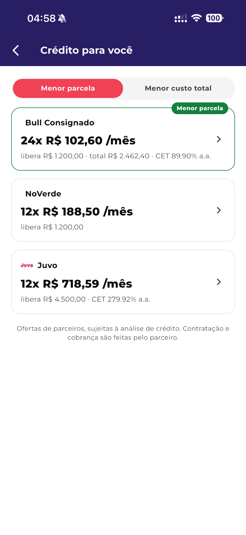 Tela Crédito para você no aplicativo Merci, com opções de crédito de parceiros