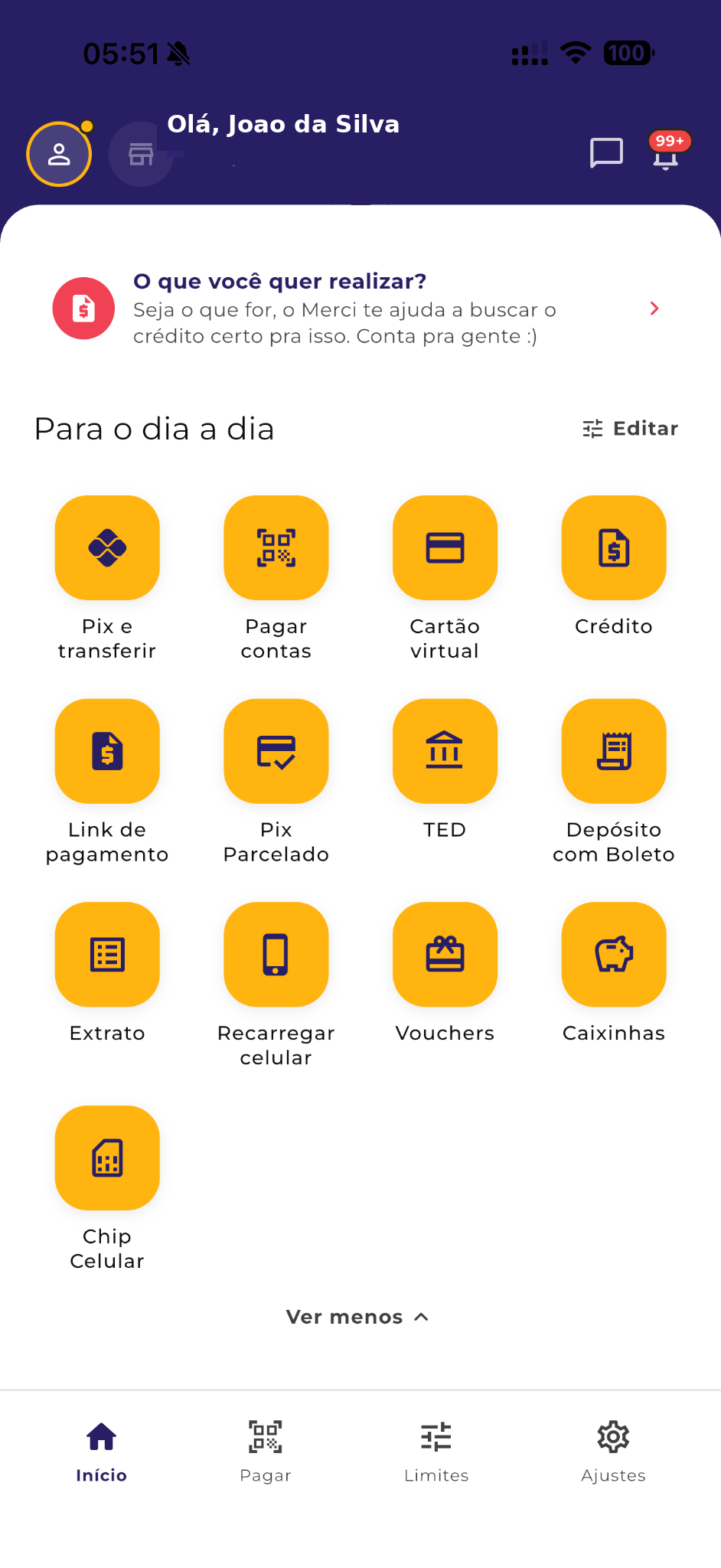 Tela original do aplicativo Merci