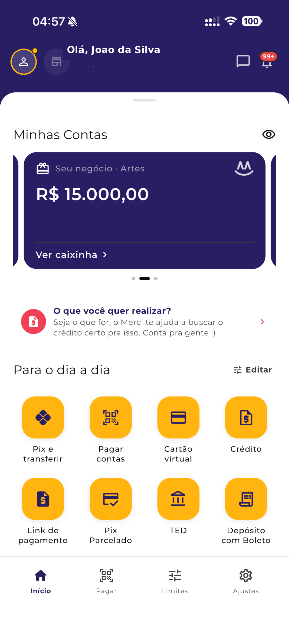 Tela da caixinha do negócio no aplicativo Merci