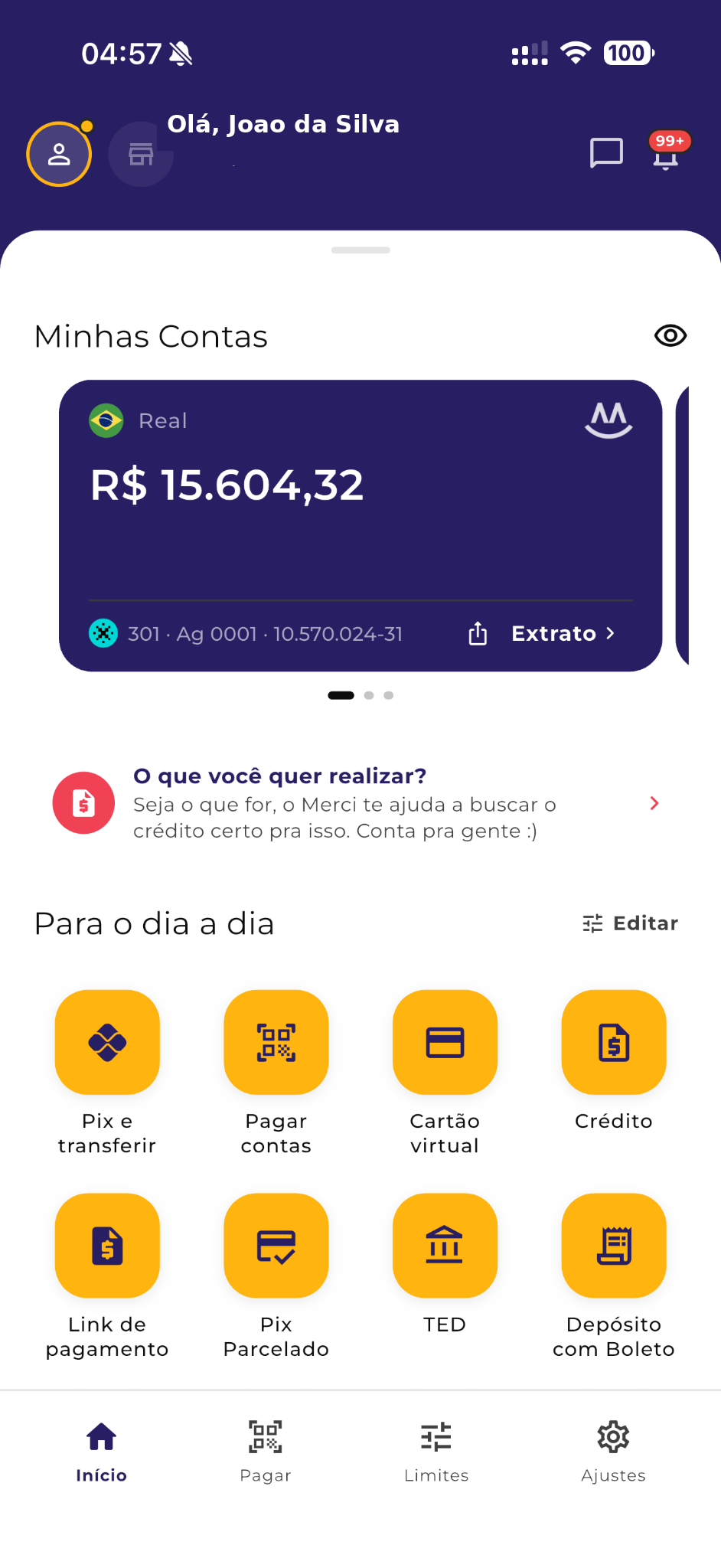Tela da conta pessoal no aplicativo Merci